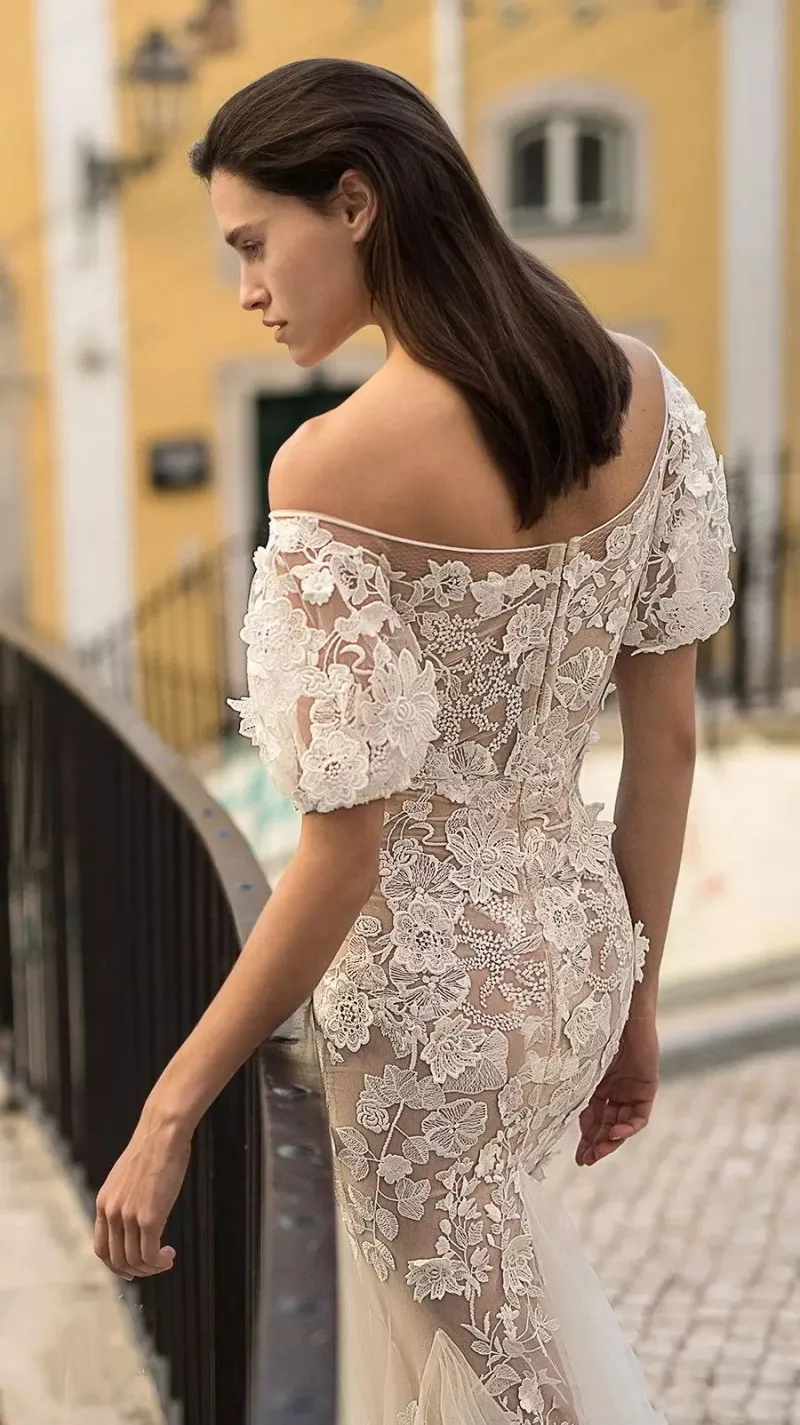 Liz Martinez 2018 Apliques de encaje de primavera Vestidos de novia Sirena fuera del hombro Vestidos De Novia Vestido de novia transparente Vestidos de novia