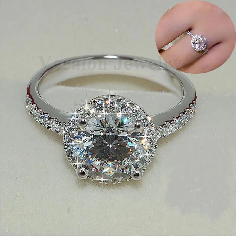 Vecalon Echter Damen-Schmuckring, 2 Karat, künstlicher Diamant, 925er-Sterlingsilber, Verlobungsring, Ehering für Frauen, Geschenk