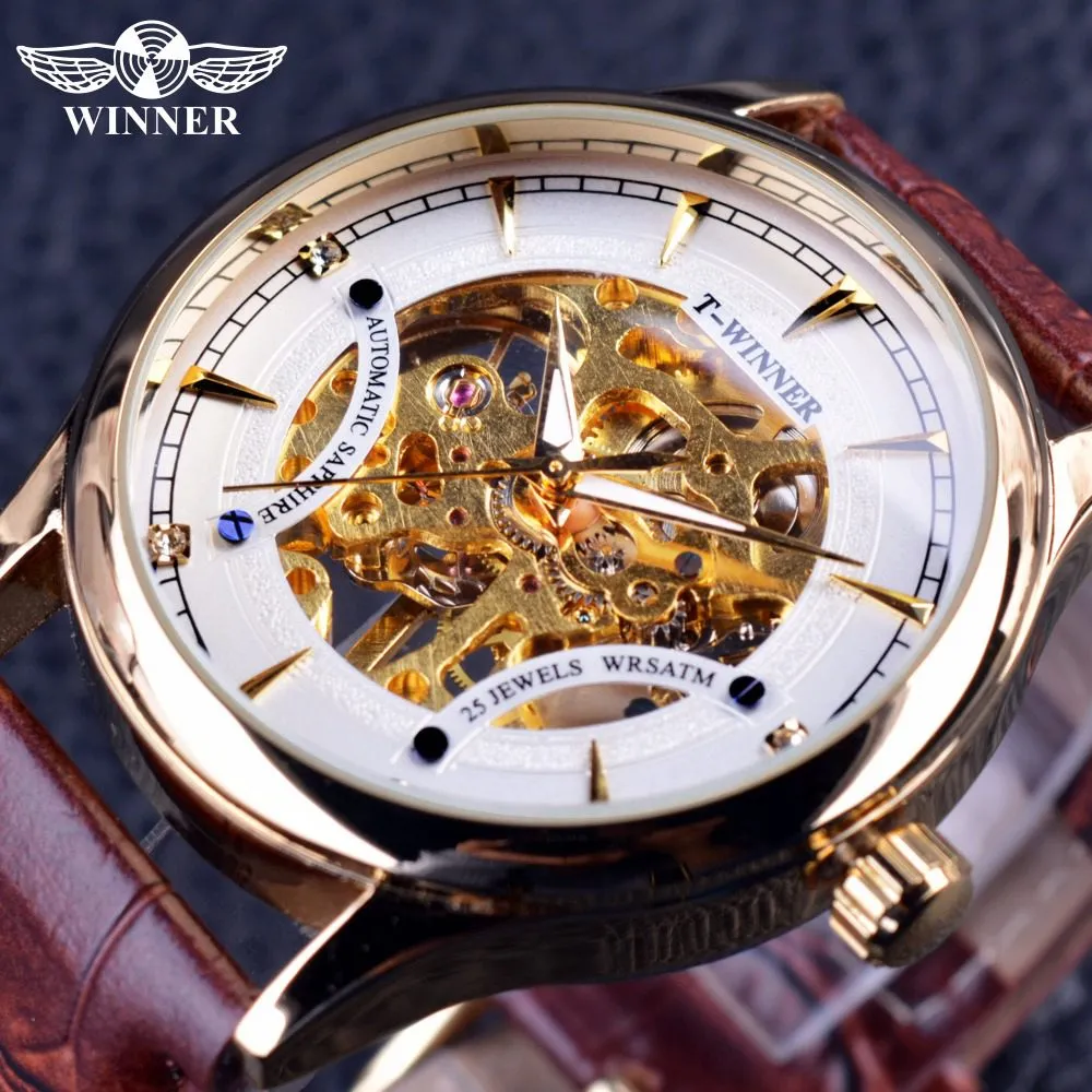 Vinnare Casual Style Transparent Case Brown Leather Strap White Golden Mens Klockor Top Brand Luxury Mechanical Male Wrist Watch