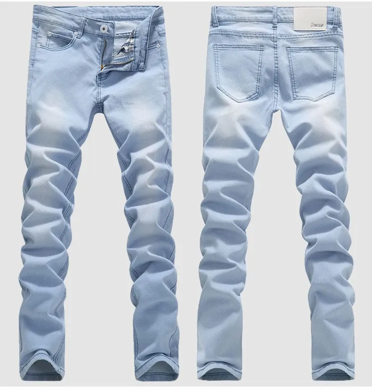 Varm utomhus cowboy blekning tvättade fötter casual boom elastiska manliga pennbyxor denim pojkar hip hop ljus blå cyklist jeans