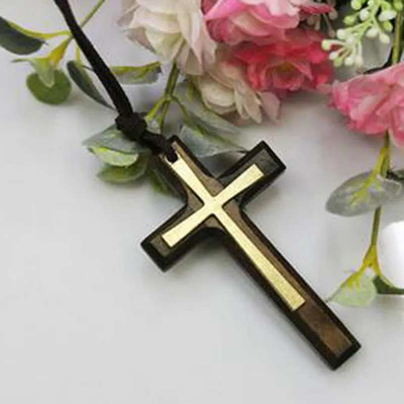 Double wooden cross pendant necklace vintage alloy leather cord sweater chain men women jewelry lovers stylish 