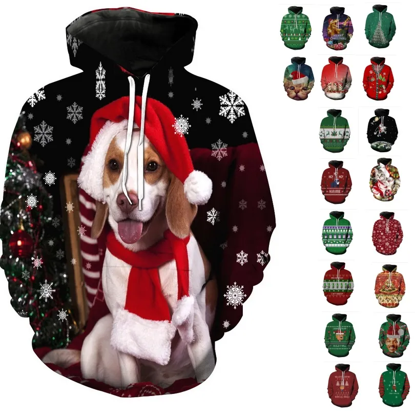 Winter Christmas Pullover Hoodies Women Men 3D Sweatshirts Pug Snow Tree Hat Deer Cat Dog Santa Claus Brand Clothing Hoodie Plus Size 6XL