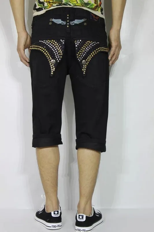 Mode Robin Ripped Jeans voor Mannen Diamanten Wings Shorts Slim Fit Goud Diamond en Ruby Crystals Mens Jean Maat 32-42