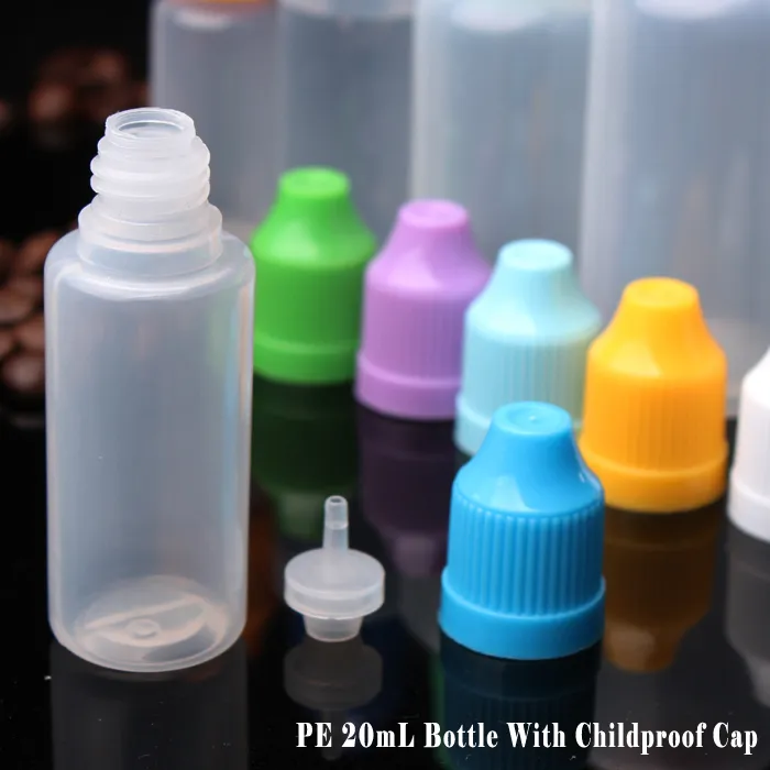 Tampas coloridas à prova de crianças garrafa de conta -gotas de plástico vazio 20 ml para ejuice de óleo essencial 1500pcs/lote