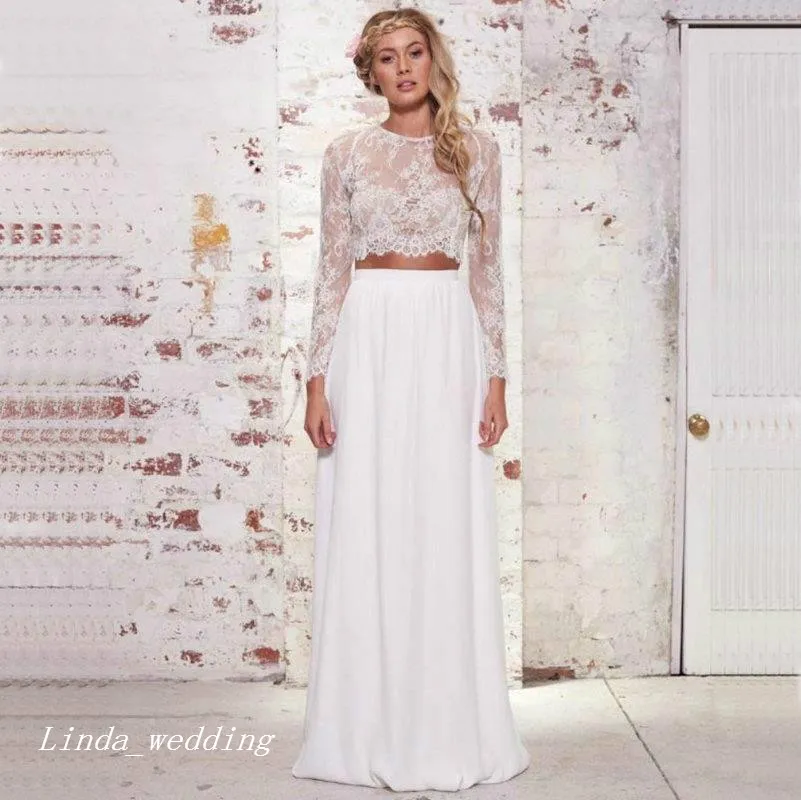 cotton maxi beach dress A Line Two Pieces Lace White Wedding Dresses With Pockets US12 / White