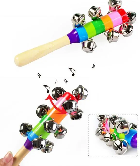 Trä baby rattle leksaker för 0-12months barn baby leksak regnbåge färgglada pedagogiska hantera musik leksaker klocka