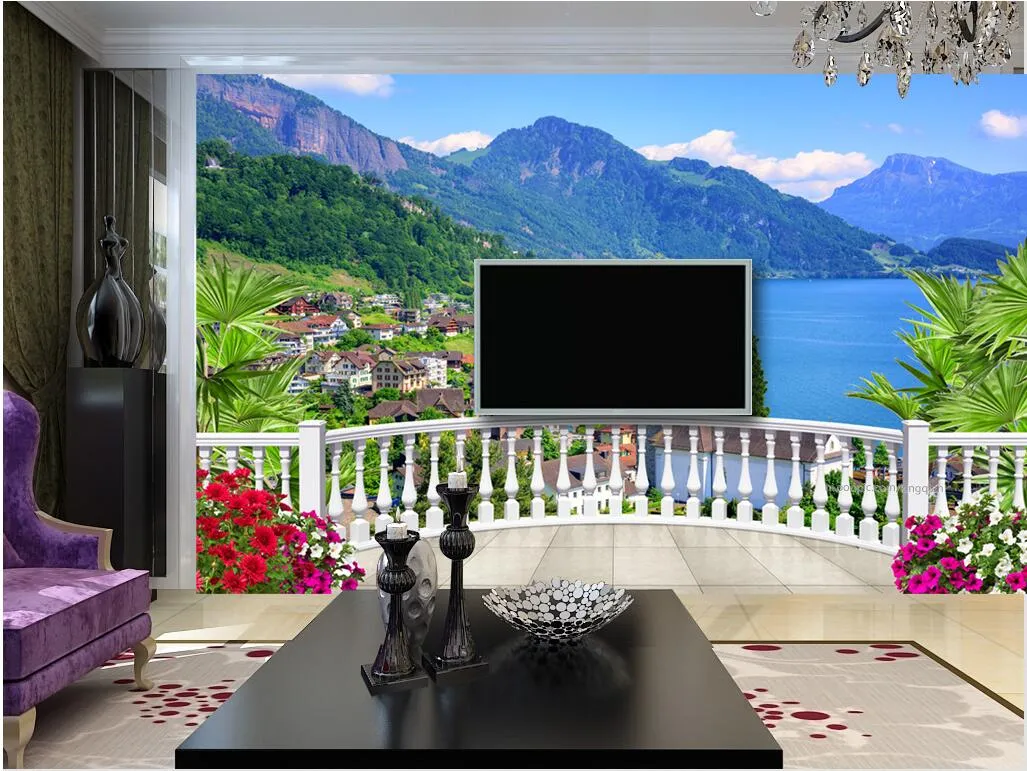 Papier peint 3d personnalisé po balcon ville européenne lac paysage décoration peinture 3d peintures murales papier peint pour murs du salon 3 3648057