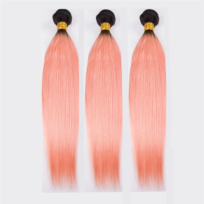 Extensions de cheveux Ombre Two Tone # 1B Rose Gold Ombre Bundles de tissage de cheveux humains vierges droites brésiliennes avec fermeture frontale en dentelle rose 13x4 ''