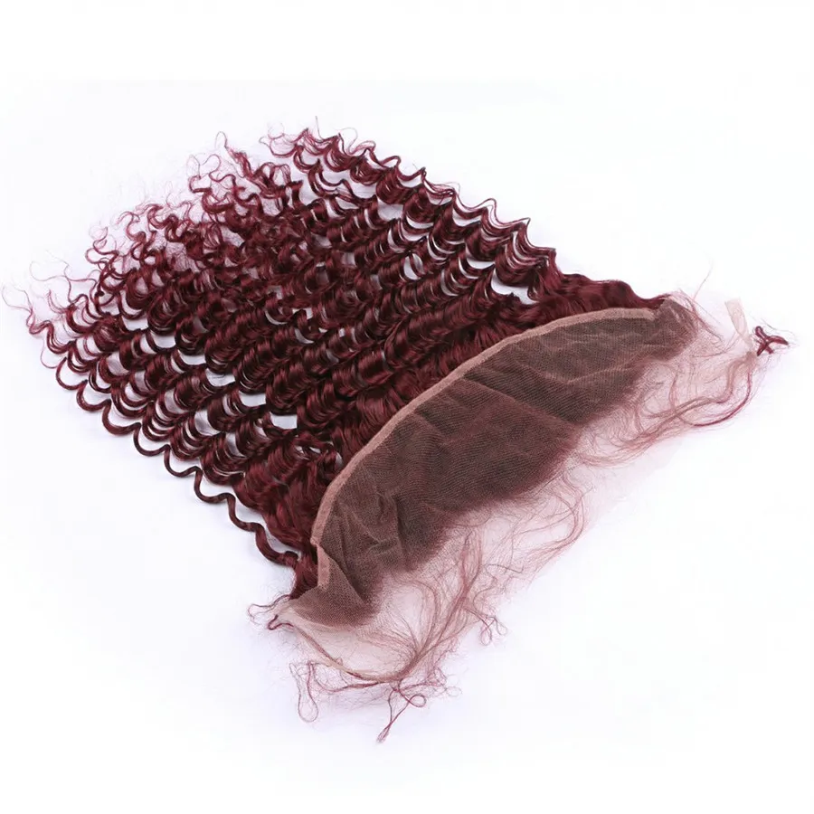 Djupvåg 99j Hårbuntar med spets frontlinstängning Brasilianska Virgin Burgundy Deep Curly Human Hair Weaves With Wine Red Lace Frontal