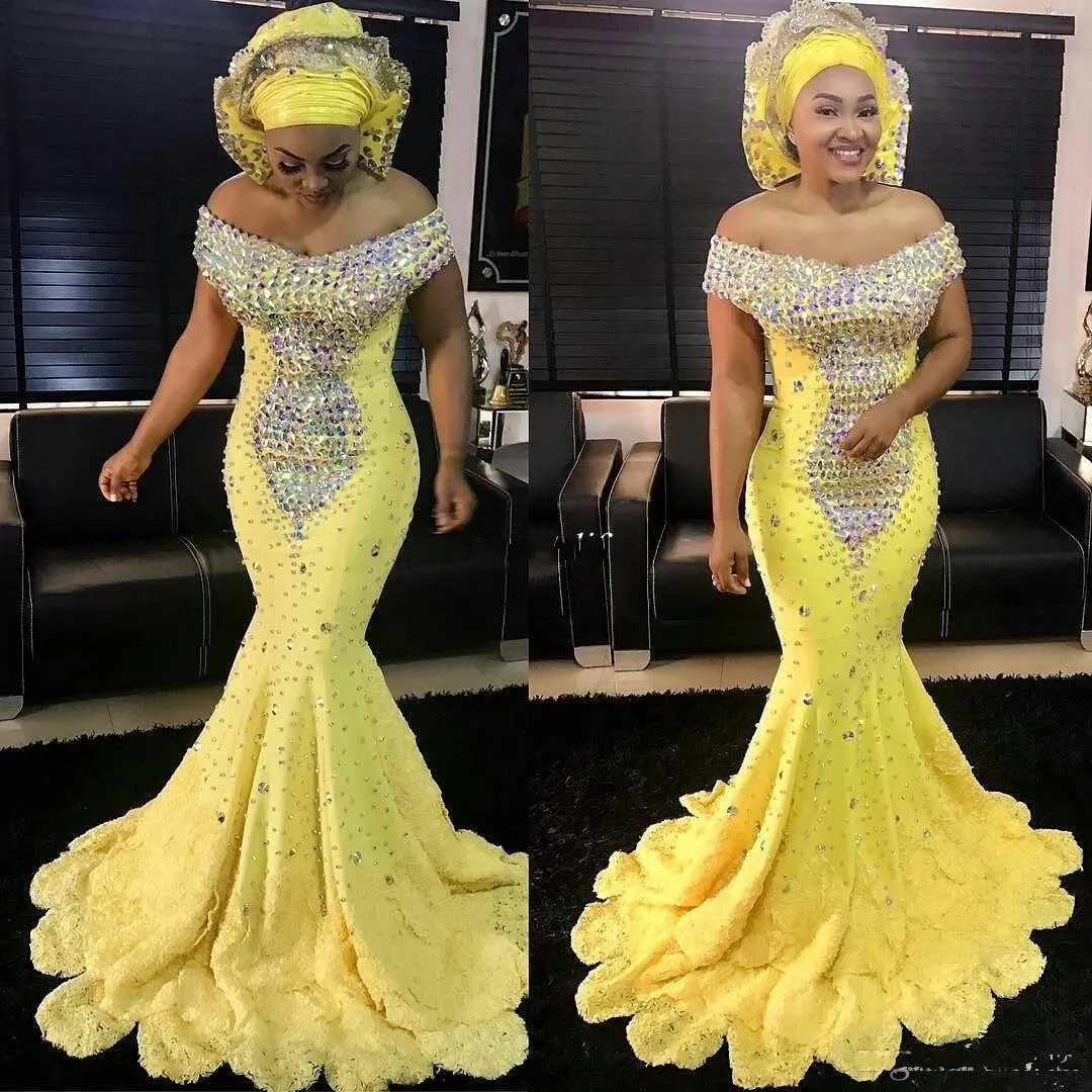 Luxury Nigerian Dresses Evening Wear Mermaid Rhinestone Lace Off Shoulder 2017 Plus Size Formal Prom Gowns Party Dress2352248