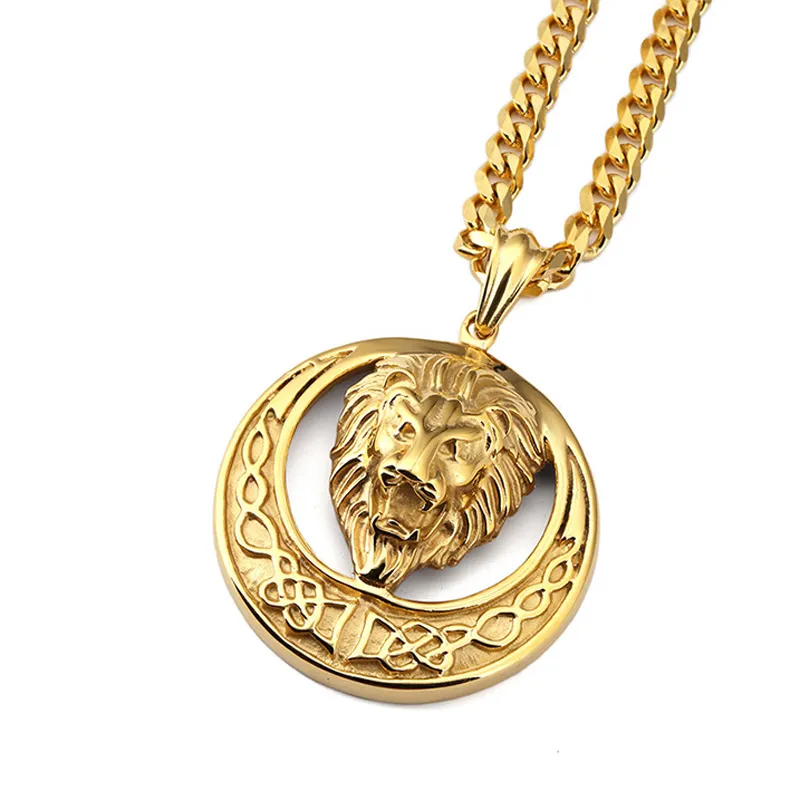 Hög Qaulity Titanium IP Guldpläterad Lion Head Round Pendants Halsband för män Kvinnor Trendsetter Rap Hip Hop Joyas Punk Vintag Chain Bijoux