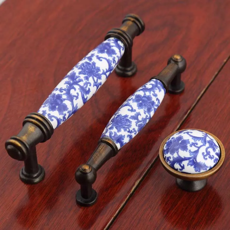 96mm blue wave white handle porcelain fashion vintage furniture handles bronze kitchen cabinet drawer dresser door pulls