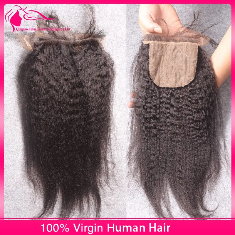 Kinky em linha reta com base de seda fechamento do laço 4 pçslote italiano grosso yaki cabelo humano fechamento do laço com extensões de cabelo para preto wom16909034