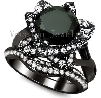 Vecalon fashion New Wedding Band Ring Set for Women 3ct Black Cz diamond 10KT Black Gold Filled Female Party Finger ring