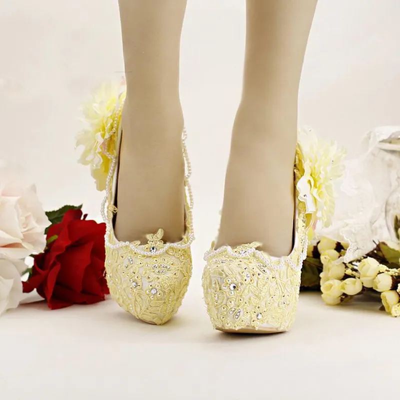 Scarpe da sposa gialle pure Scarpe con tacco alto Scarpe eleganti con plateau Fiore in pizzo Scarpe da sposa con strass Scarpe da sposa Tacco alto a spillo