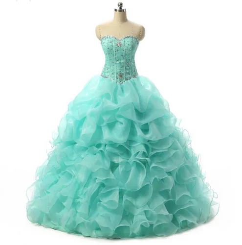 Billiga Mint Blue Quinceanera Klänningar 2021 Bollklänning med pärlstav Kristaller Prom Sweet 16 Dress Stock Storlek 2-4-6-8-10-12-14-16 QC185