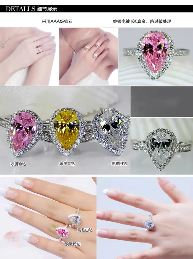 Vecalon fashion ring Pear cut 4ct Pink Cz diamond Engagement wedding Band ring for women 925 Sterling Silver Female Finger ring