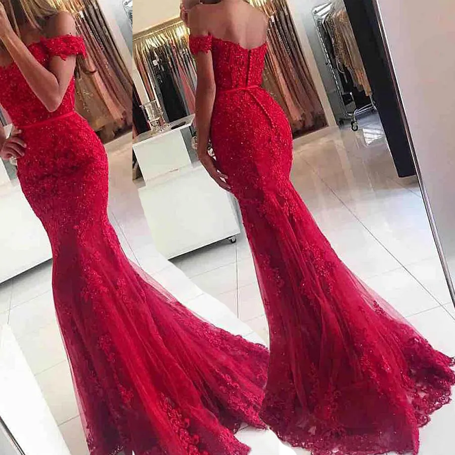 Tulle Off-the-Shoulder Neckline Mermaid Formella Klänningar Med Beaded Lace Appliques Red Sexy Prom Dress Vestido de Formatura 2019