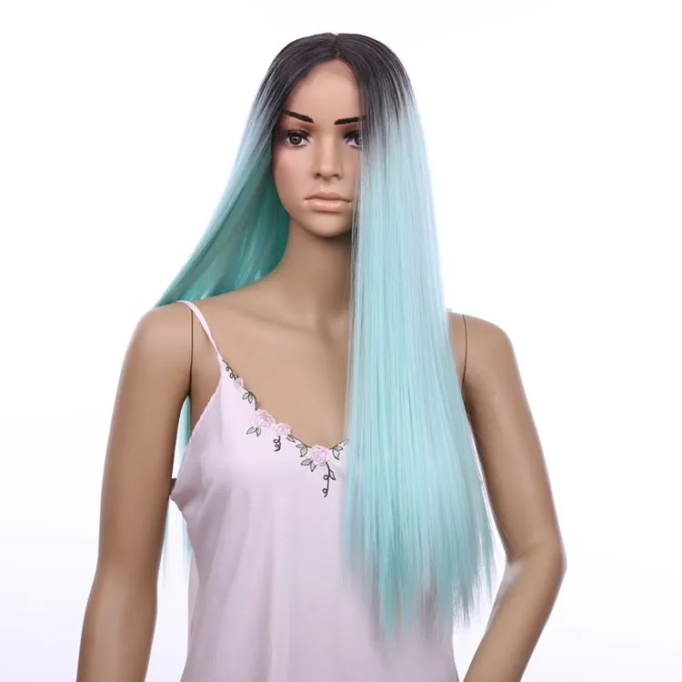 Haarperücken Lace Front Perücken Ombre Schokolade Schwarz Mintgrün 20 Zoll Glattes langes Haar für Frauen