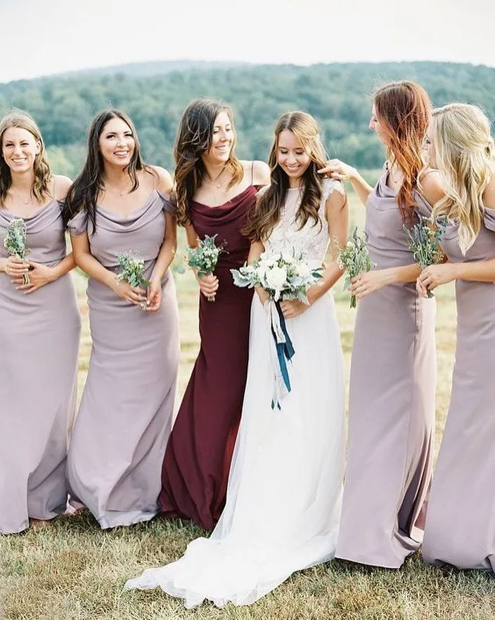 Pays élégant robes de demoiselles d'honneur bretelles hors épaule gaine robe d'invité de mariage longueur de plancher en mousseline de soie demoiselle d'honneur robes