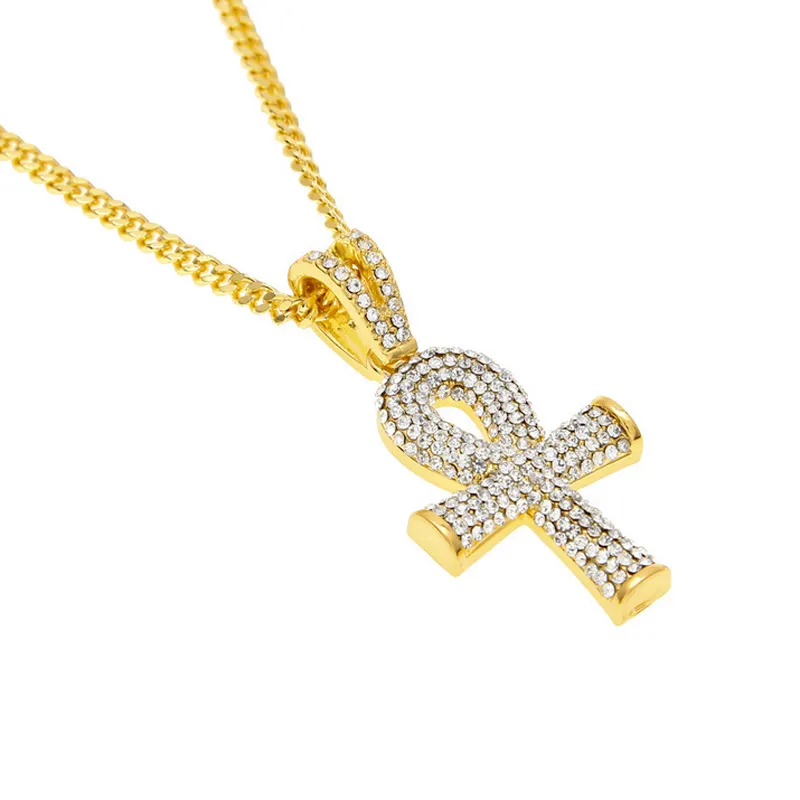 Ny Trendy Crystal Rhinestone Egyptian Ankh Key Pendant Halsband 18K Guldpläterad Boxkedja Lång halsband för män / Kvinnor Party Smycken