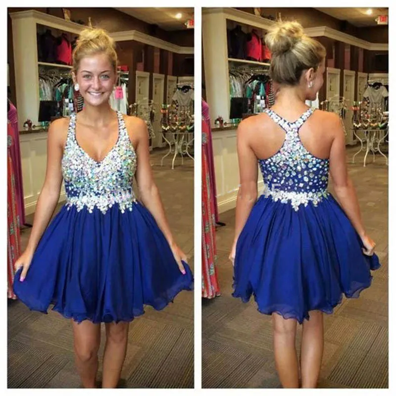 Crystal Royal Blue Prom Dresses Korte Homecoming Jurk Beaded Bandjes Chiffon Mini Rok 8e Graduation Graduation Jurken Rhinestone Party Jurk