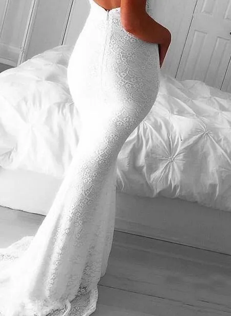 2017 Sexy weiße, rückenfreie Meerjungfrau-Kleider mit voller Spitze, Abendgarderobe, Neckholder vorne, lange formelle Kleider, nach Maß, China EN9135