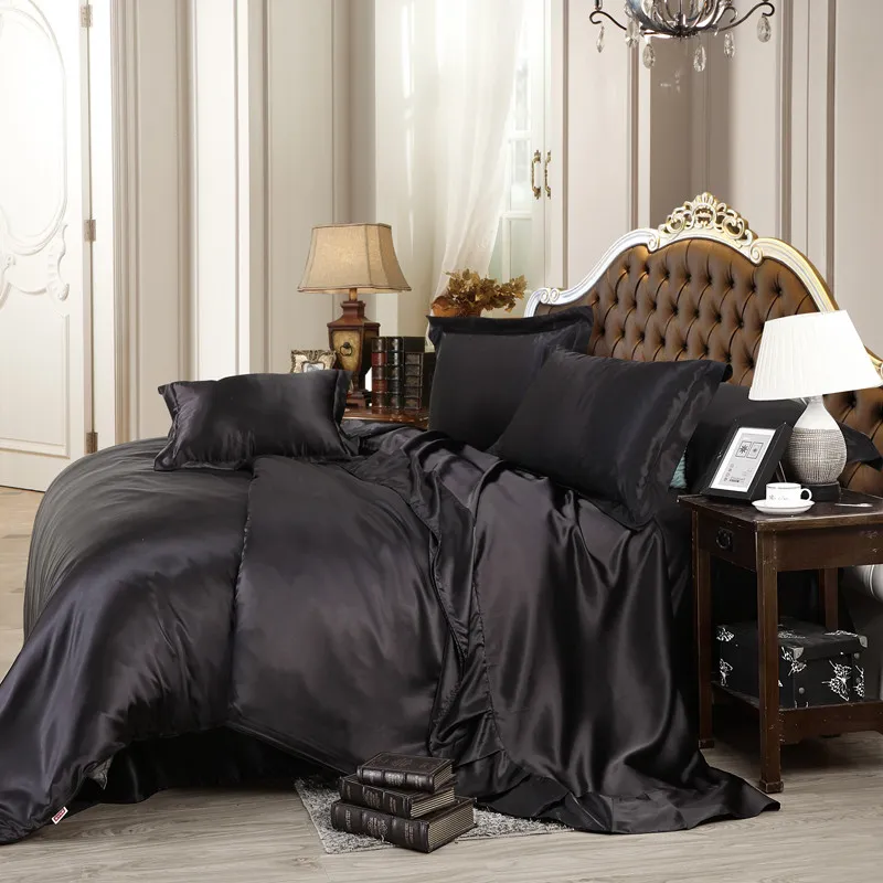 Ensemble de literie de luxe-noir entièrement en satin de soie solide 4 pcs queen king size home textile ling lin lin coutte couvercle coquette lit s258m