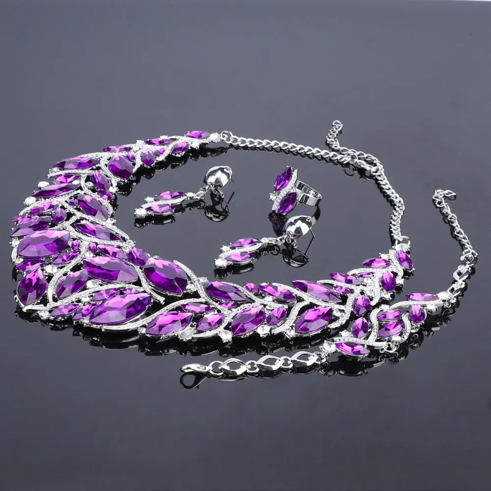 Fashion Purple Rhinestones Crystal Statement Necklace Earrings Bridal Jewelry Sets Decoration Necklaces Jewellery Gifts for Women