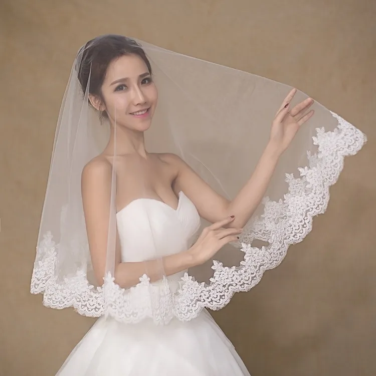 One Layered Lace Tulle Short Bridal Veils Girls Wedding Accessories Veil Lace White Ivory In Stock