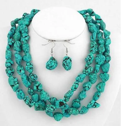 Long 48"inch Natural turquoise irregular Beads jewelry Necklace earrings