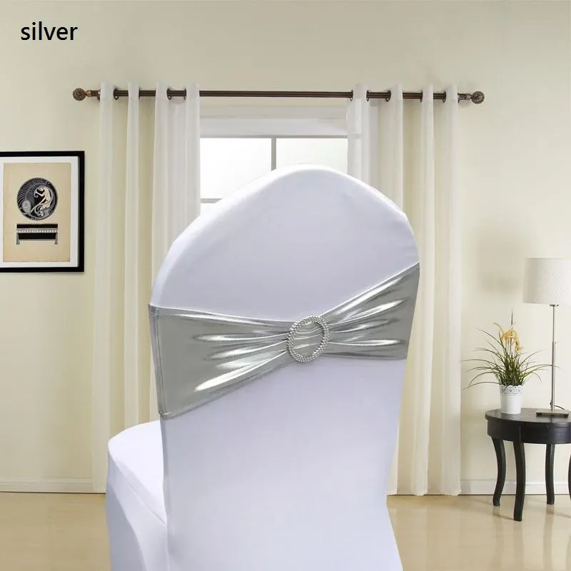 Metallic Gold Silver Spandex Chair Sjeres Bands Elastische Stoel Cover Sash Bruiloft Stoel Decor Wen4469