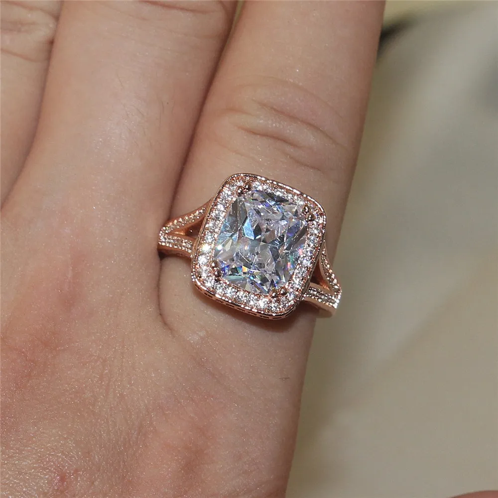 Luxe 925 Sterling Zilver en Rose Gold Filled Pave Instelling 192 Stks AAA CZ Setting 8CT Square Gemstone Rings Iron Tower Trouwring vinger