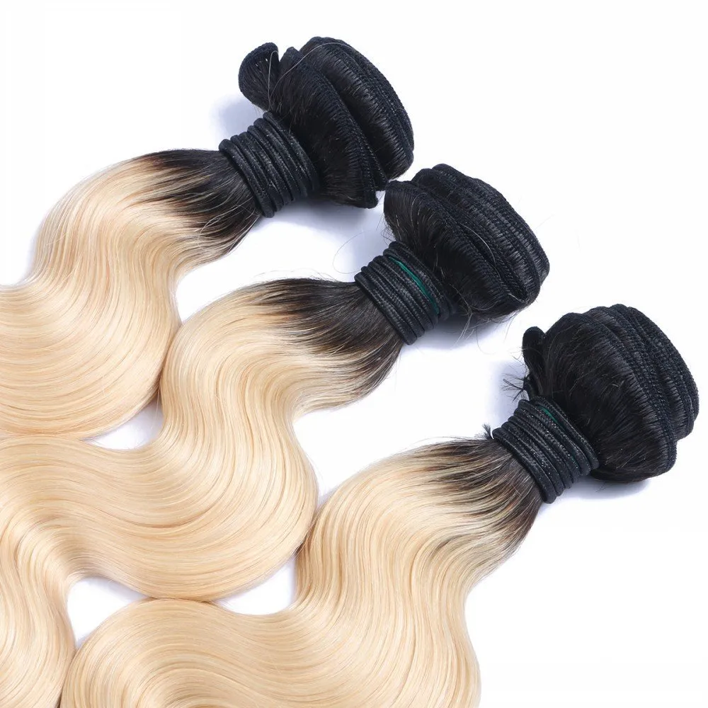 Brazilian 1B/613 Body Wave Blonde Ombre Human Hair Weaves 4Bundles with Closure Free Middle 3 Part Double Weft Human Hair Extensions Dyeable