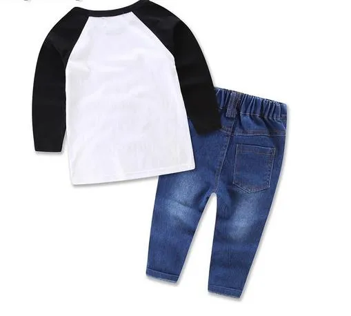 Spring Autumn Ins Baby Clothing Suit Little Man Printed Long Sleeve Tops Tshirt + Jeans Pants Kids Set Children Outfits Clothes