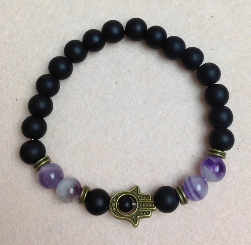 SN0440 8mm Black Matte Onyx Bracelet For Men Antique Bronze Hamsa Charms bracelets Amethyst crystal bracelet245Y