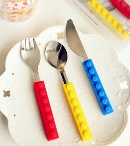 Fashion Hot Lego bricks silicone stainless steel Portable Travel Kids Adult Cutlery Fork Spoon Picnic Set Gift for Child Dinnerware