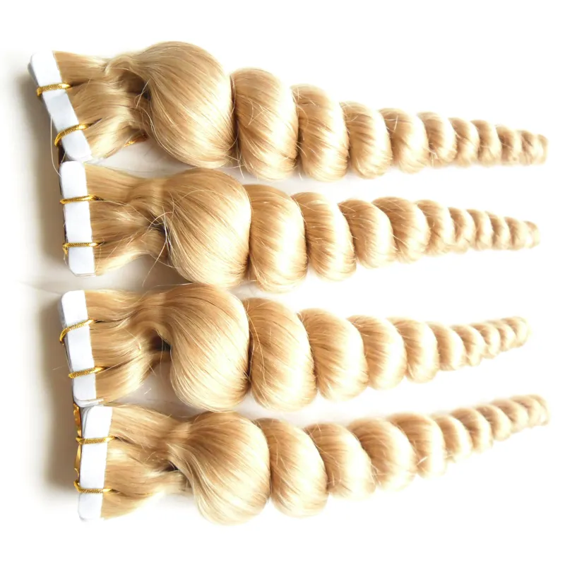 Color #27 Strawberry Blonde Brazilian Loose Wave Hair Skin Weft Tape Hair Extensions 200g cheap tape in hair extensions