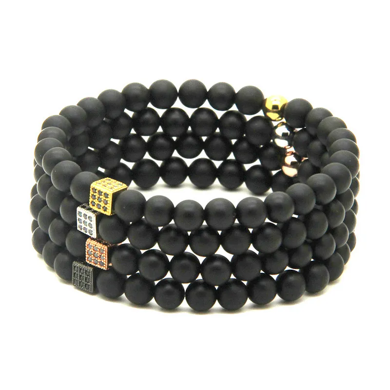 Wholesale Summer Lady Jewelry Fashion 6mm Matte Agate Stone with Micro Inlay Black Zircons Square Cz Beads Bracelets