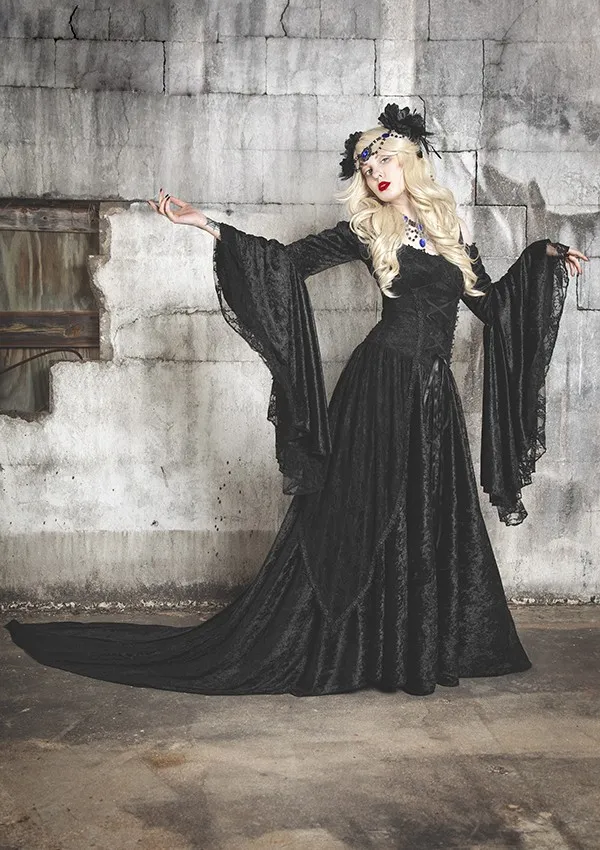 Halloween kostymer Fancy Prom Dress Off Shoulder Vampyrer Devils Cosplay Kostym Långärmad Anpassad Victorian Ball Crow