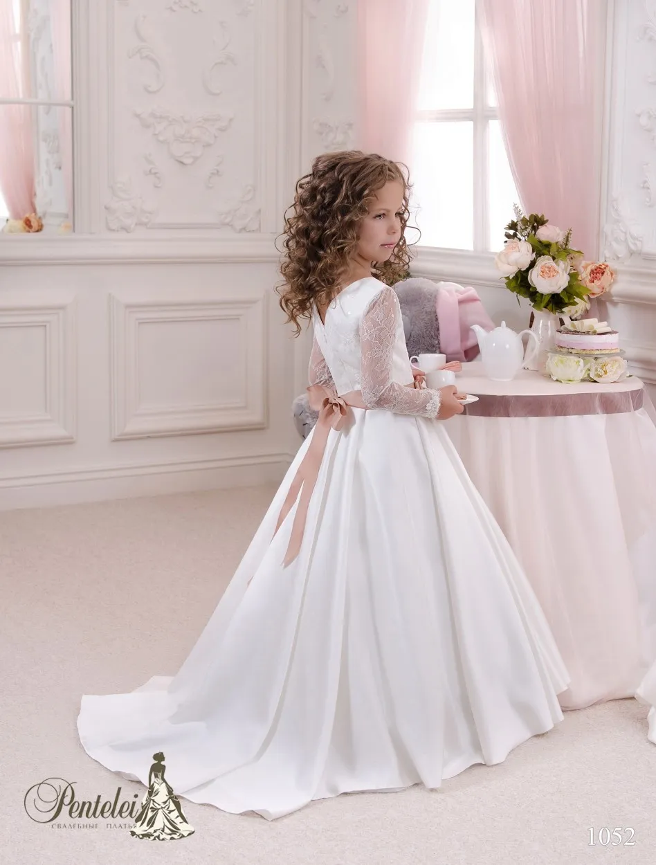 2016 Girls Dresses Special Occasion with Long Sleeves and V Neck White Satin Elegant Flower Girls Gowns with Coffee Sash Pentelei