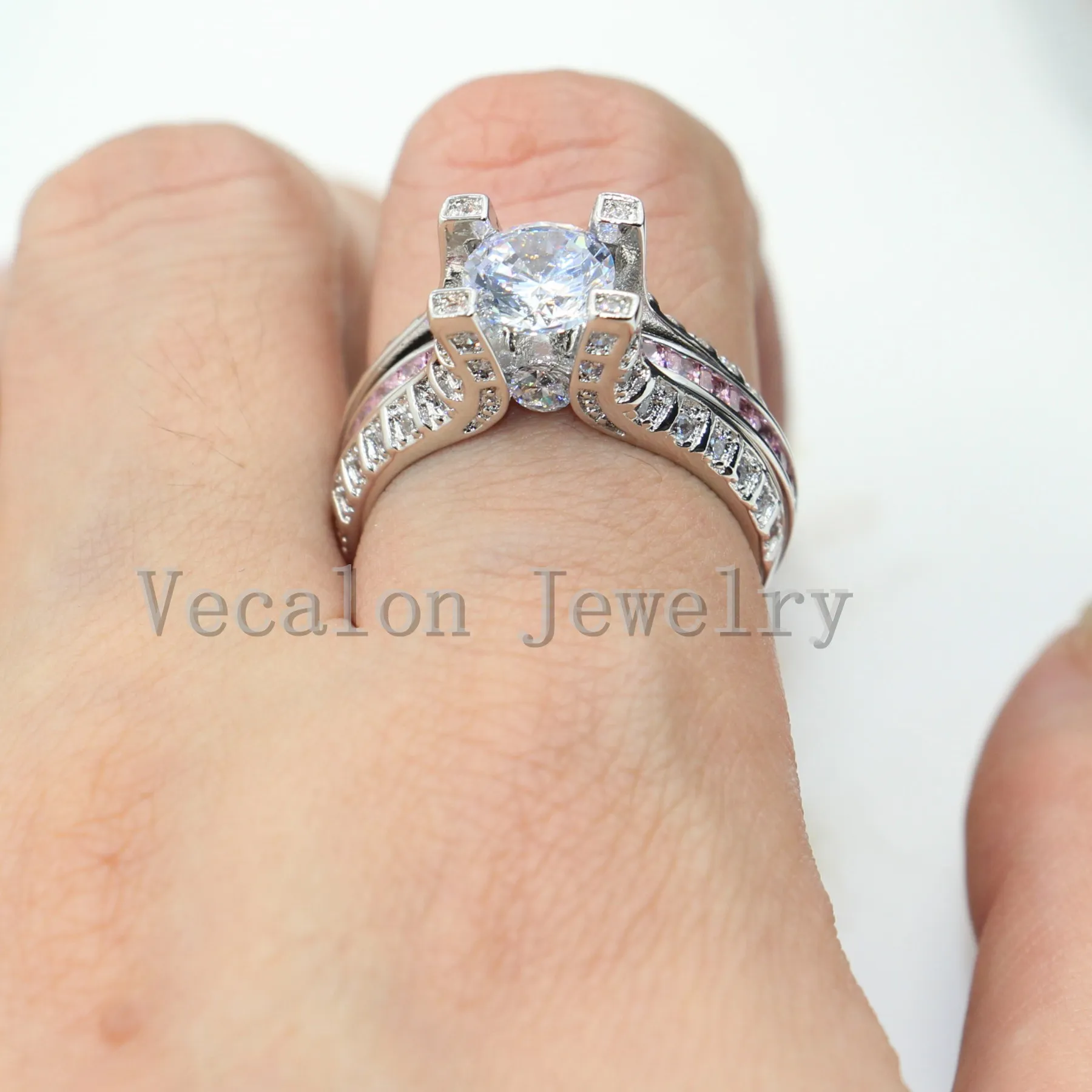 Vecalon 5ct Simulated diamond cz 2-in-1 Engagement Wedding Band Ring Set for Women 14KT White Gold Filled Party ring