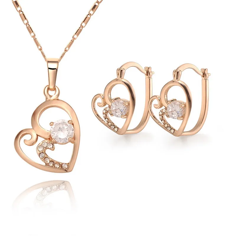 Gold Plated Heart Clear Rhinestone Bridal Necklace and Earrings Jewelry Set Gold Pplated Necklace Earring Set