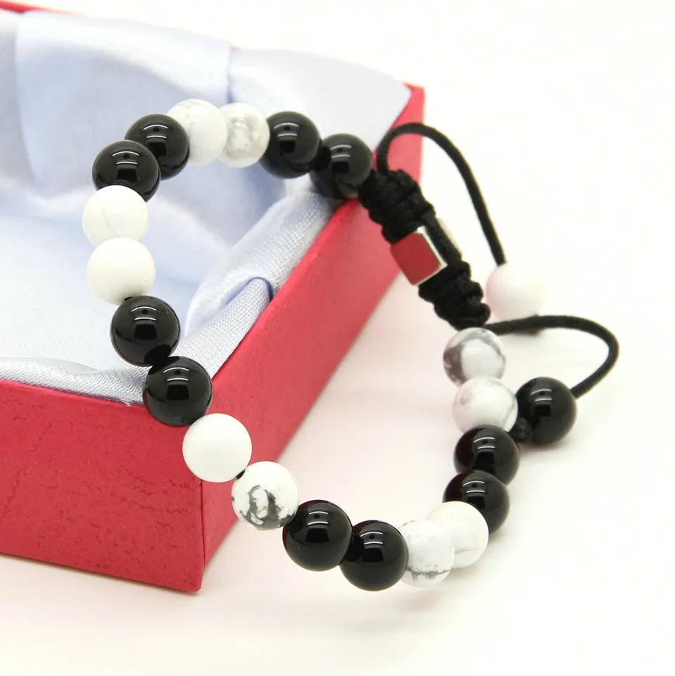 Wholesale 8mm Natural Black Onyx with White Howlite Marble Stone Beads Macrame Lucky Bracelets