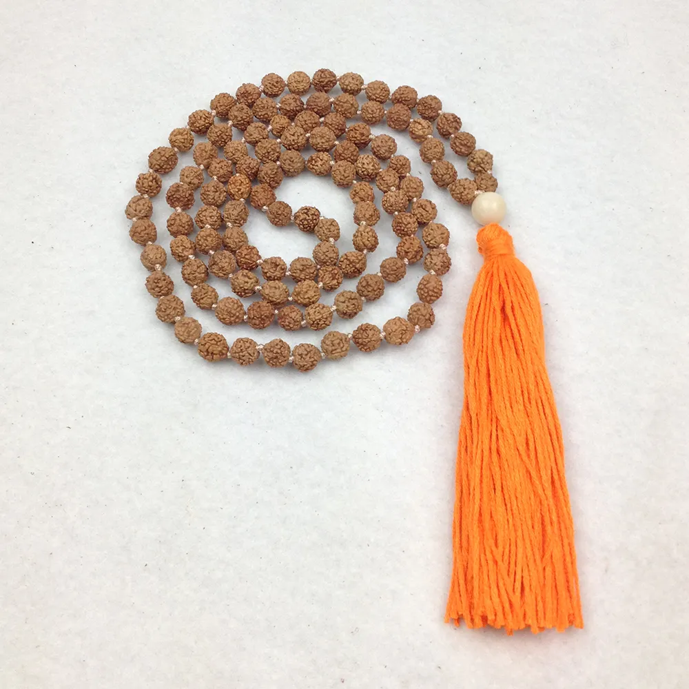 St0211 Rudraksha Mala Hand Knitted Orange Tassel Halsband Traditionell Bön Pärlor Hindu Smycken Damklamer