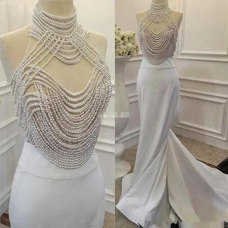 Exquisite High Neck Evening Dress Luxury Beading Pearls Evening Dressess Mermaid Prom Gown Illusion Top Sleeveless Sweep Train