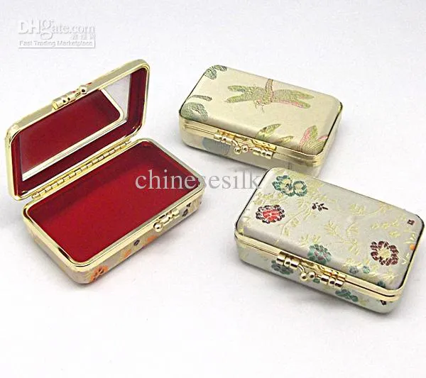 Portable Small Travel Rectangle Jewelry Carrying Storage Case with Mirror Gift Box Metal Clip Silk Brocade Floral Cloth Craft Packaging208a