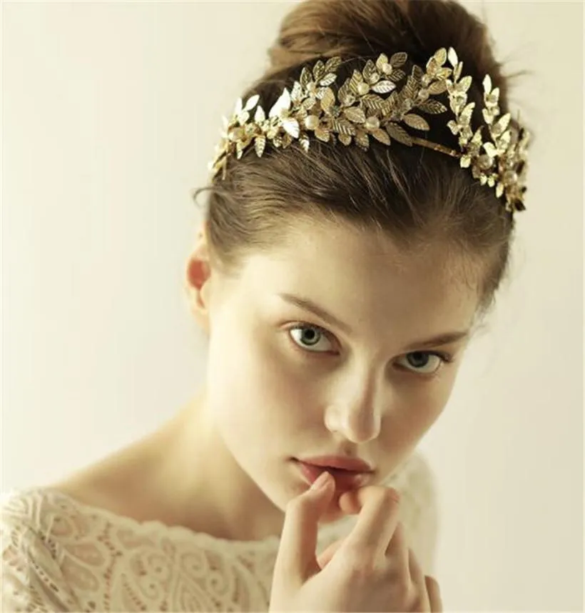 Großhandel Mode Hochzeit Braut Krone Tiara Blattgold Stirnband Haarschmuck Schmuck Kristall Strass Kopfschmuck Kopfschmuck Perlenband