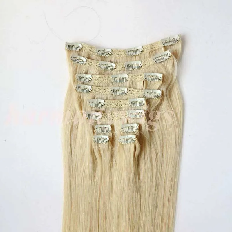 160g Clip in hair Extension human hair #613/Bleach Blonde 20 22inch Straight Brazilian Hair Extensions