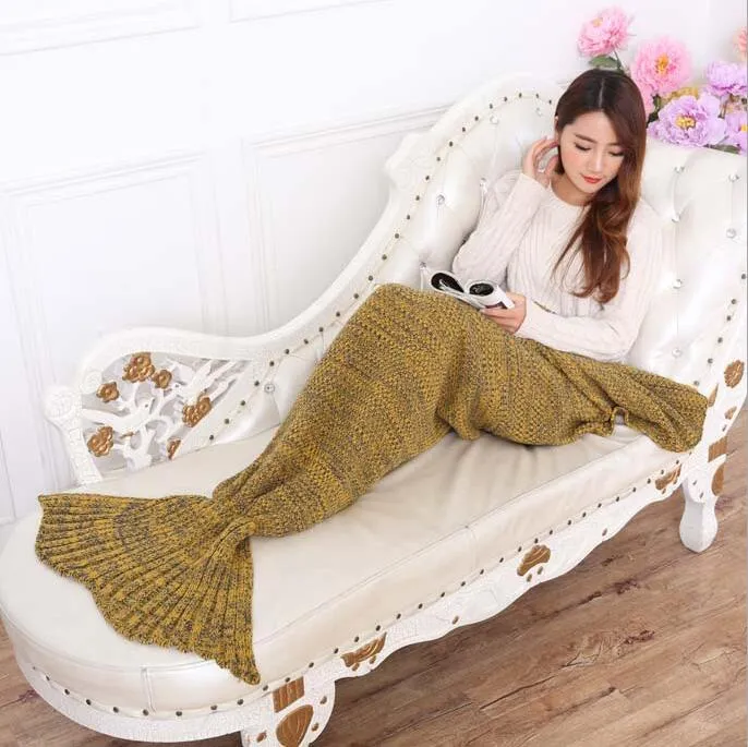 195x95cm Vuxna Mode Stickad Mermaid Tail Blanket Super Mjukvärmare Blanketter Bed Sova Costume Luftkonditionering Sticka filt 15 färger